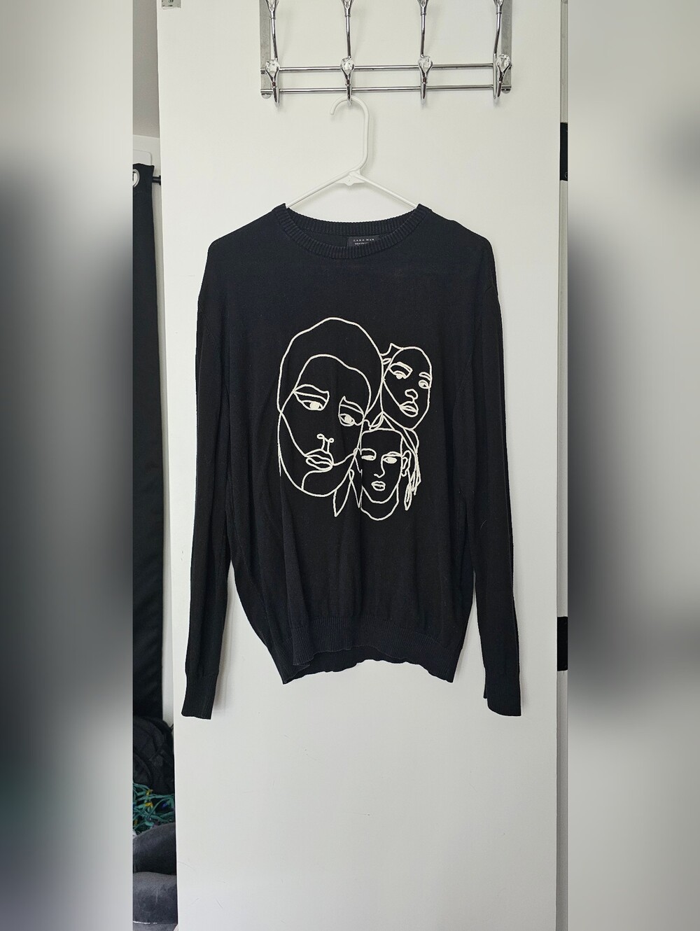 Zara Black Crewneck Sweater with White Line-Face Graphic